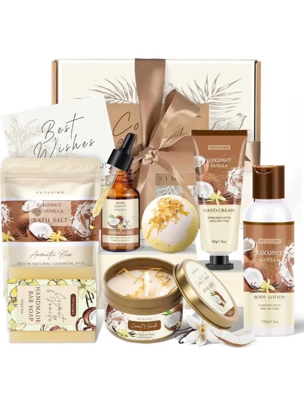 Relaxing Home Spa Gift Set - Vanilla Coconut Bath & Body Basket for Her